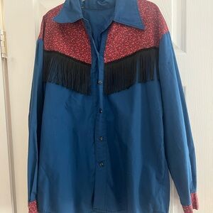 Vintage Style Blue and Red Button Down Shirt with Fringe